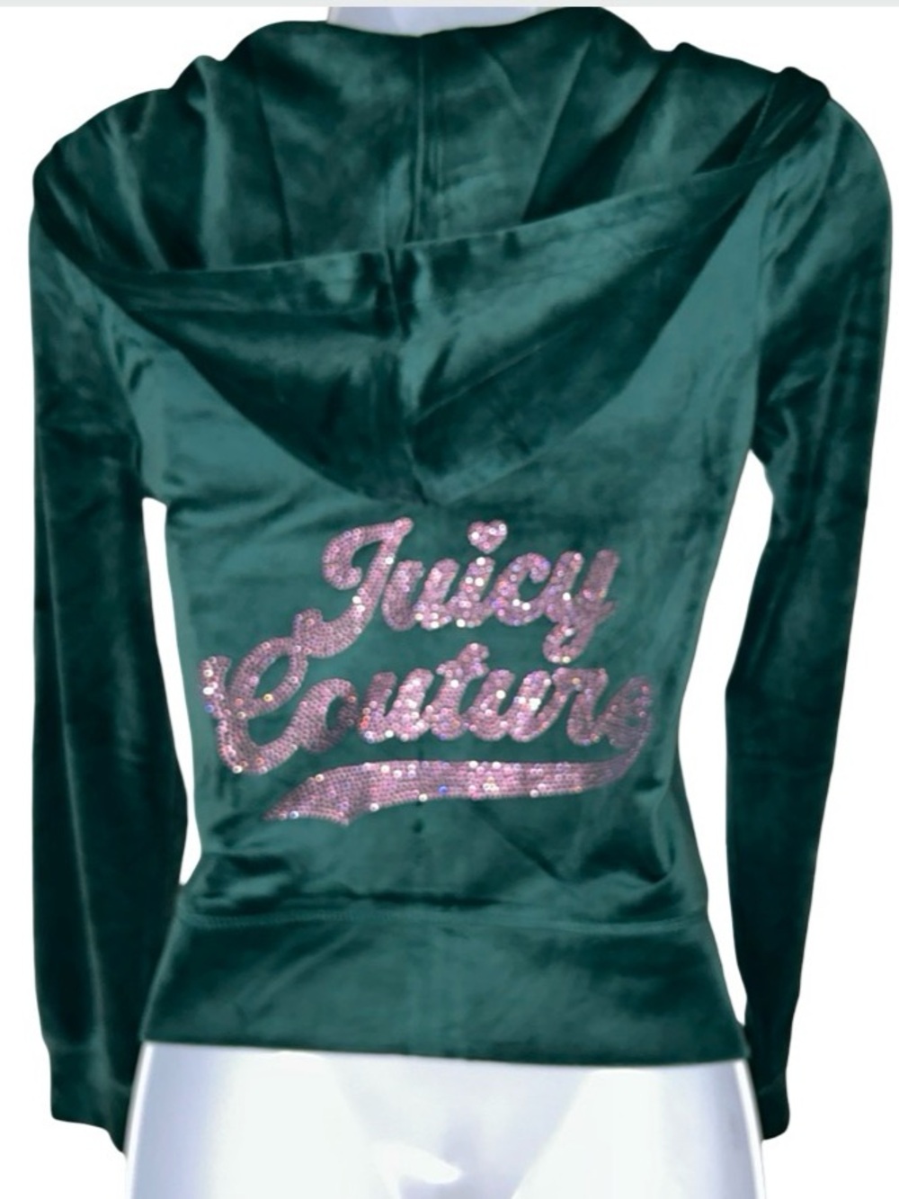JUICY COUTURE RAIN FOREST GREEN BLING PINK RHINESTONE VELOUR TRACKSUIT HOODIE